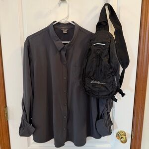SET! Eddie Bauer 2XL Gray Performance Shirt + 10L Black Stowaway Backpack